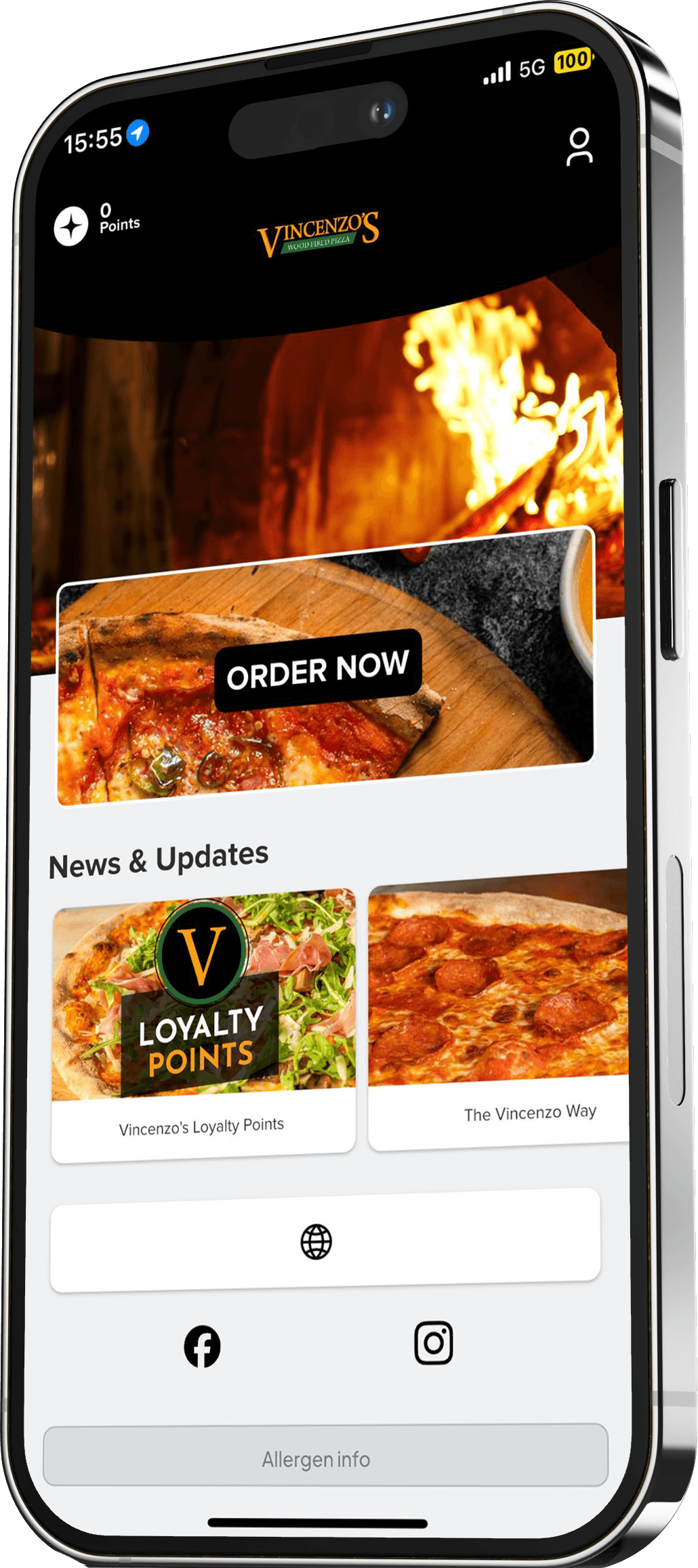 The Vincenzo’s app showing menu items and loyalty points